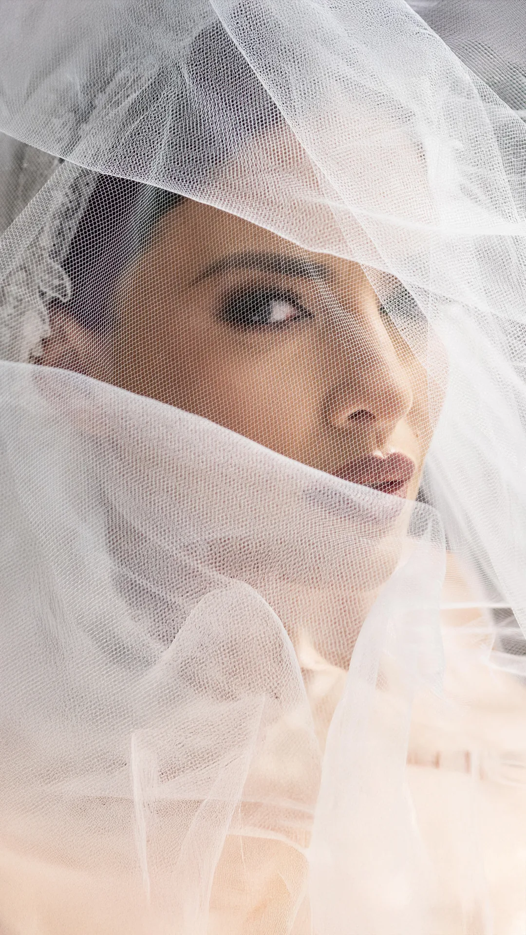 Bride looking out through the tulle veil wrapped around her
