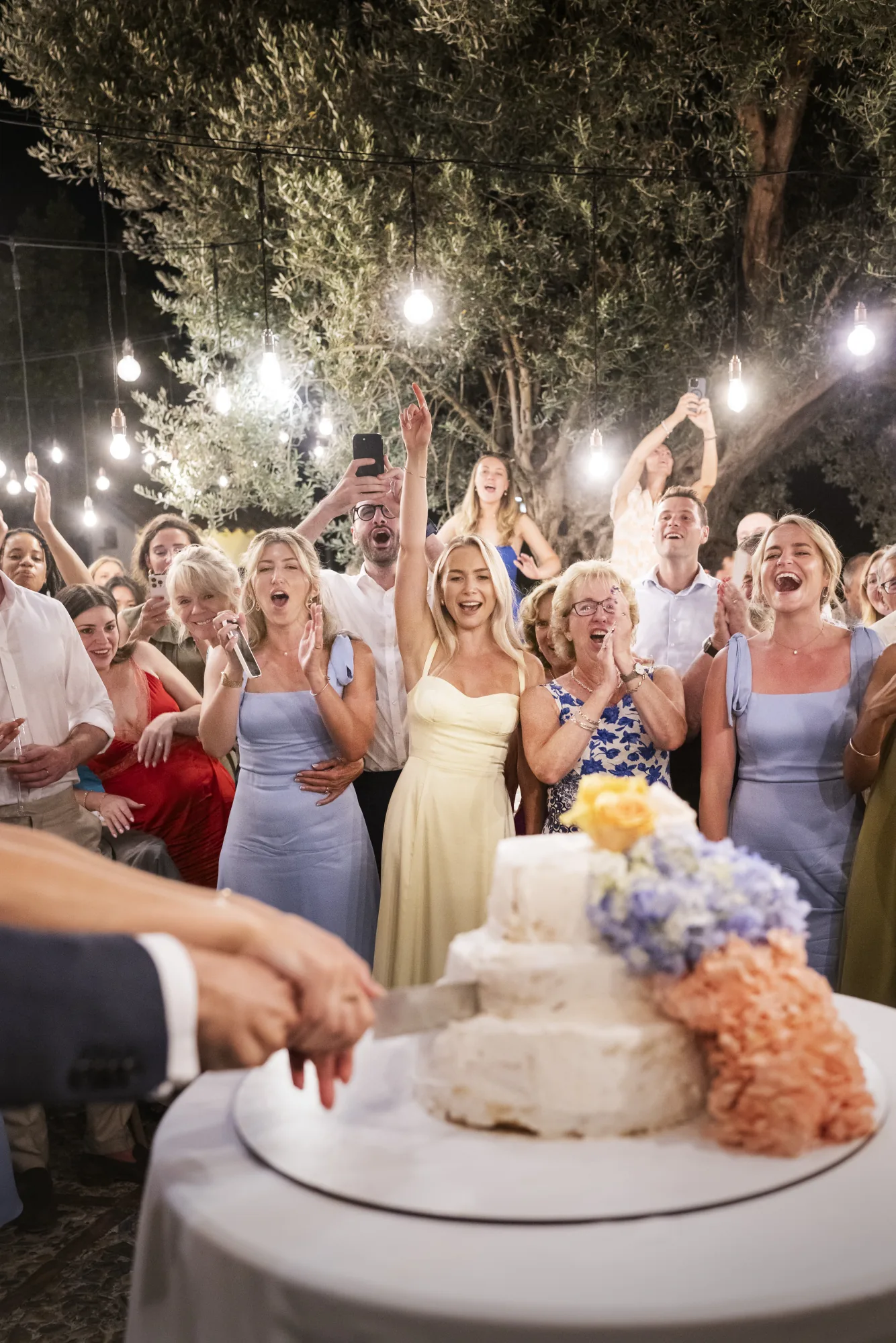 Guests cheering as the wedding cake is cut under string lights