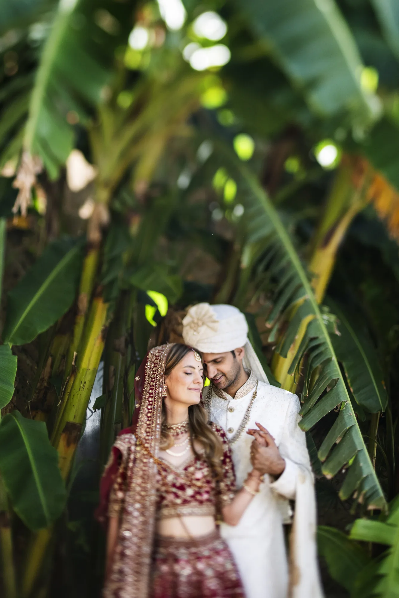 Indian bride and groom embracing among banana leaves