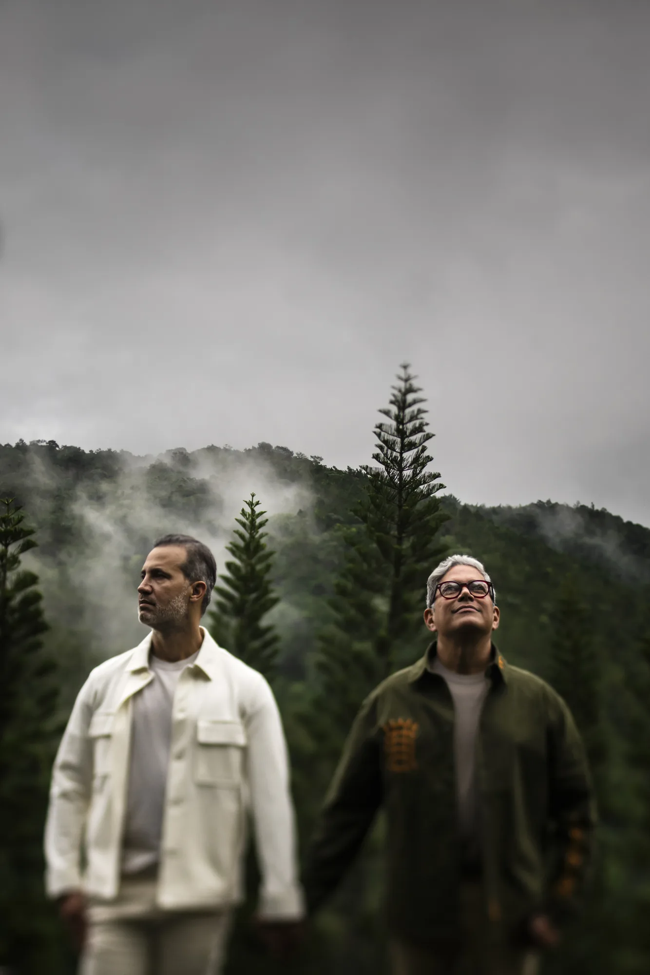 Two men walking out of a misty pine forest